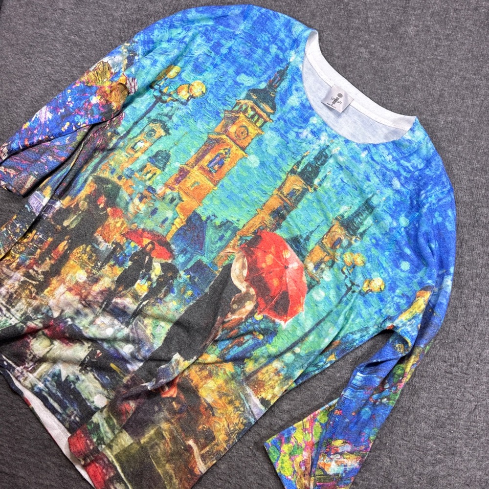 Inoah Top Shirt Women XL Blue Cityscape Graphic Art 3/4 Sleeve Tunic USA Made